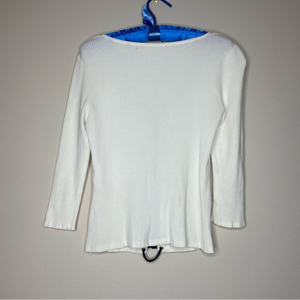 Vintage Cream Long Sleeve Ribbed Knit Top with Purple Lace-up Front Closure - Picture 4 of 5